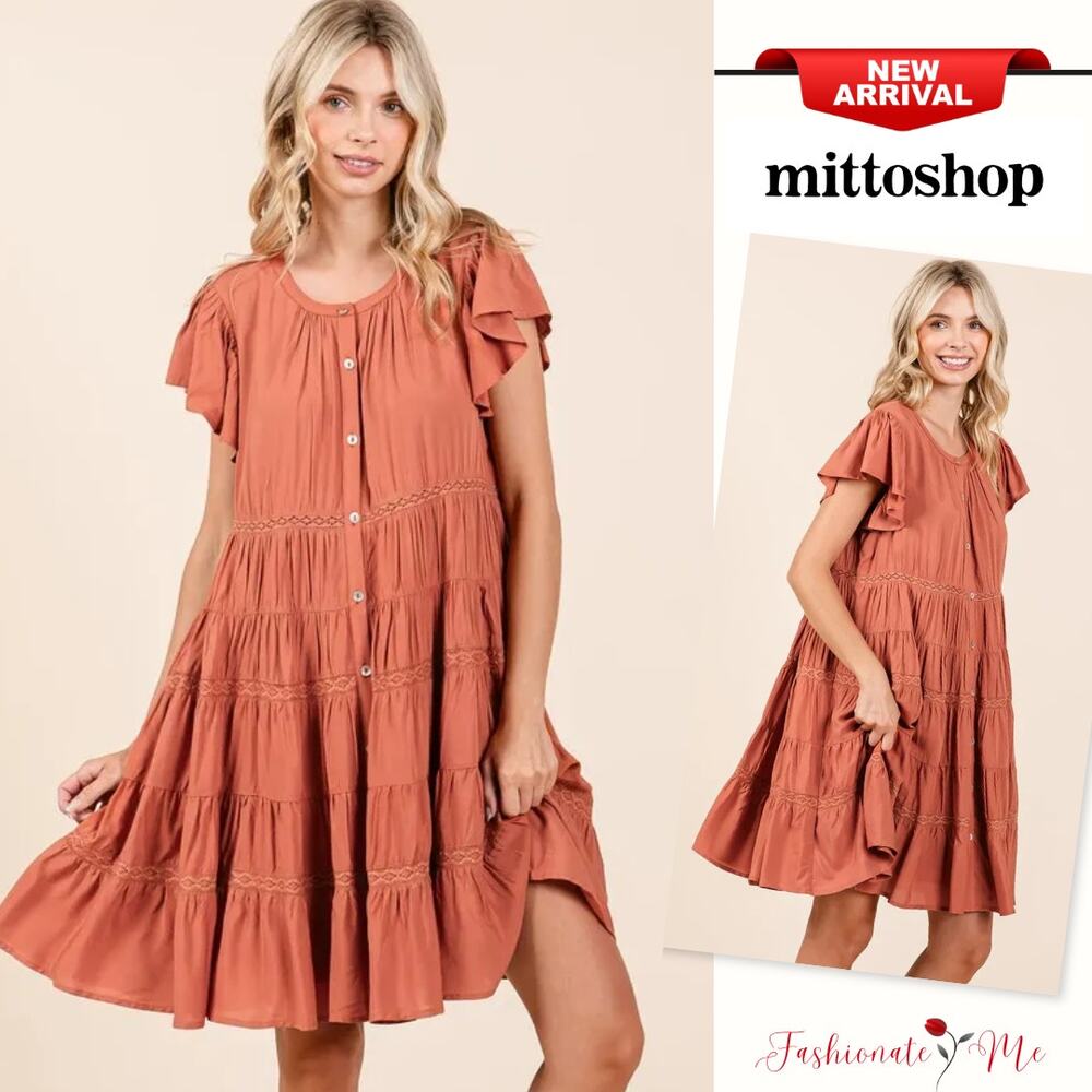 Mittoshop Lace Detail Ruffled Sleeves Button Down Tiered Mini Dress | Pumpkin